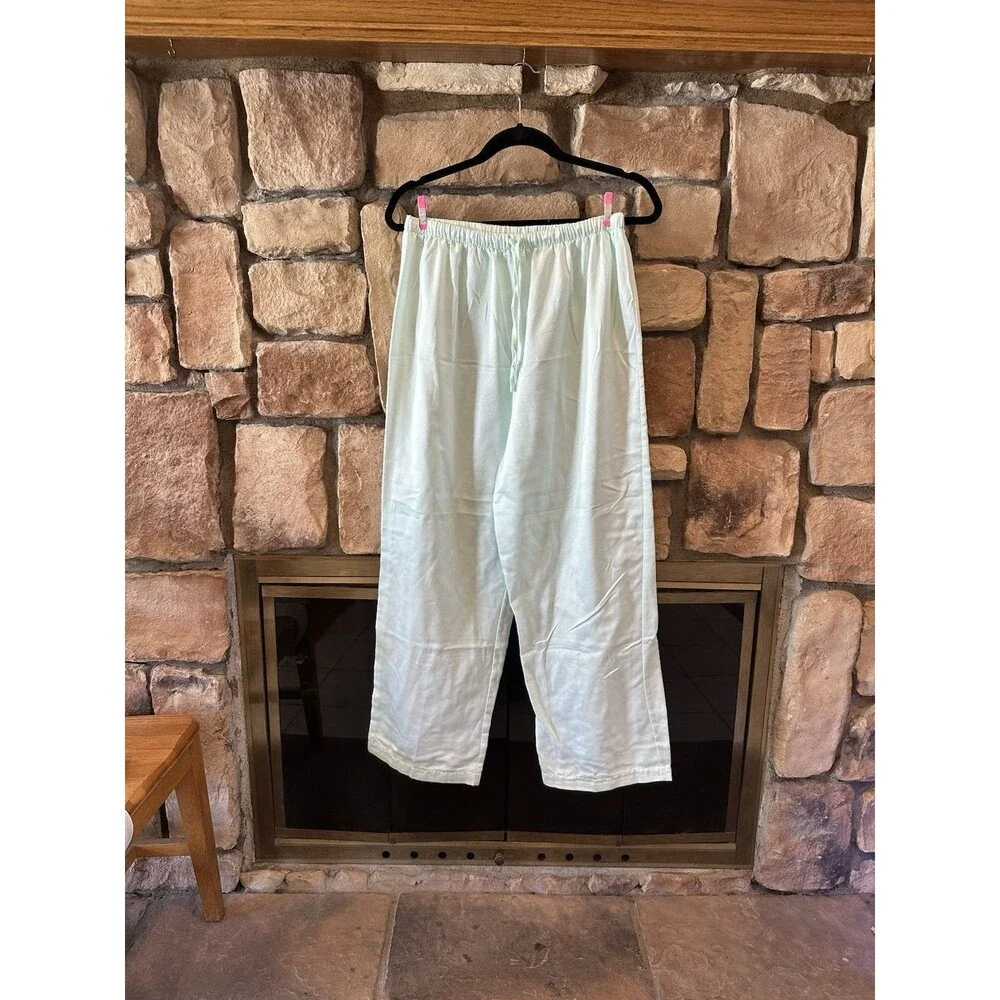 VTG Miss Elaine Satin Pajamas Long Sleeve Set Pants Top L Mint Pastel Green 2Pc